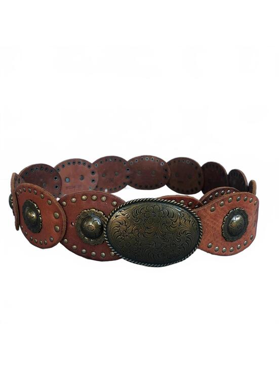 Accessories - Vintage Fossil Brown Leather Concho Belt Western Cowgirl Boho Chic Southwestern